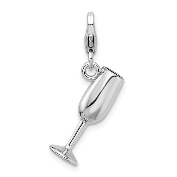 925 Sterling Silver Rhodium-plated Open Champaign Glass with Lobster Clasp Charm 